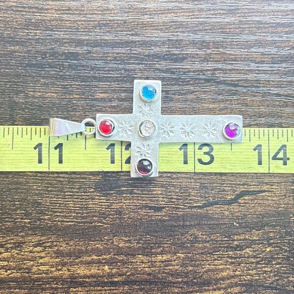 Sterling Silver 925 Multi-Gemstone Flower Design Cross Pendant Size 2.5" Length - Picture 9 of 11